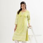 Ladies' Light Lime Green Round Neck Printed Kurta, Light Green, small
