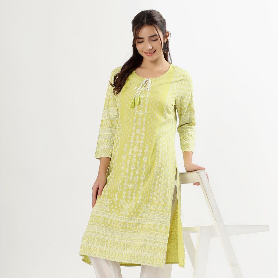 Ladies' Light Lime Green Round Neck Printed Kurta, Light Green, large
