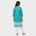 Women's Teal Round Neck Printed Kurta, मध्यम नीला, small