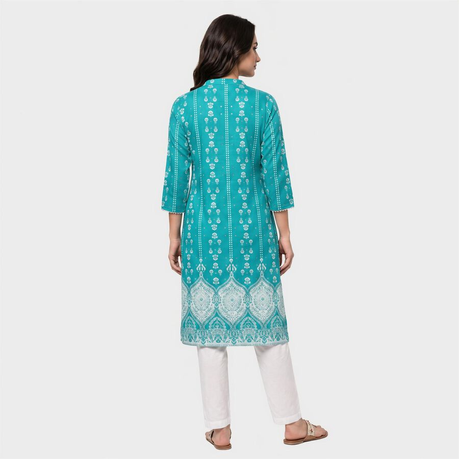 Women's Teal Round Neck Printed Kurta, मध्यम नीला, large