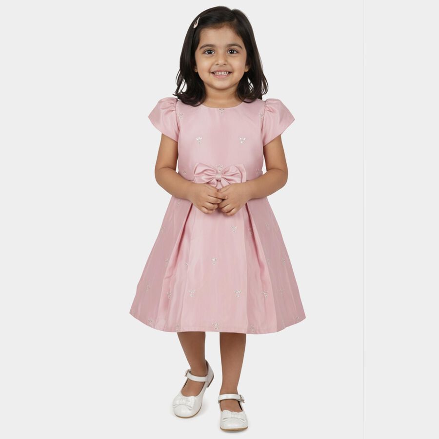Girls' Pink Embroidered Bow Party Wear Frock, हल्का गुलाबी, large