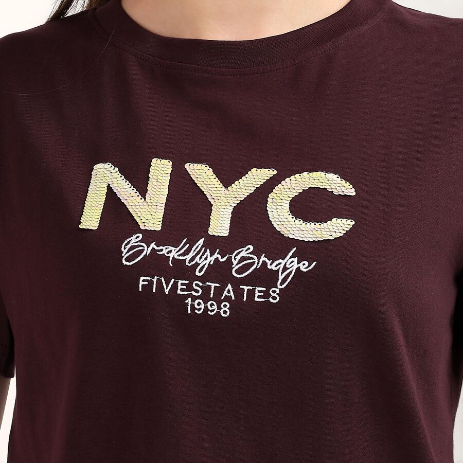 Women's Maroon Cotton Round Neck Casual T-Shirt, Wine, large