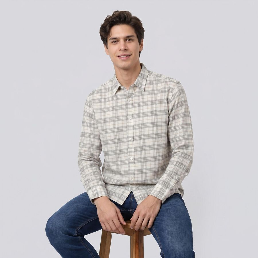 Men's Cream Long Sleeve Checked Regular Fit Casual Shirt, ऑफ व्हाइट, large