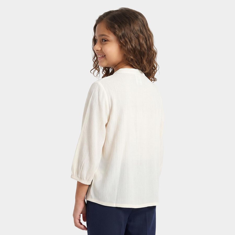Girls' White Mandarin Neck Regular Blouse, सफ़ेद, large