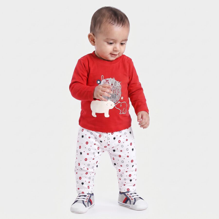 Infants' Red 100% Cotton Round Neck Graphic Print Baba Suit, लाल, large