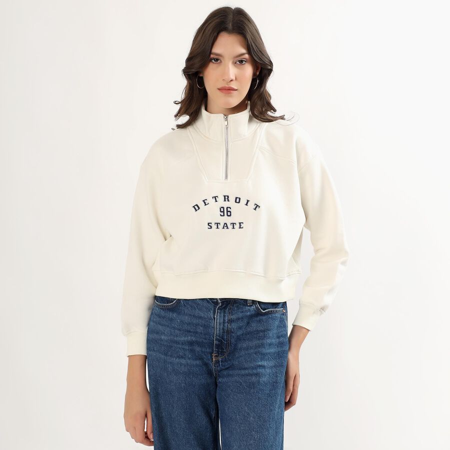 Women's Off-White Half Zip Casual Sweatshirt, Off White, large image number null