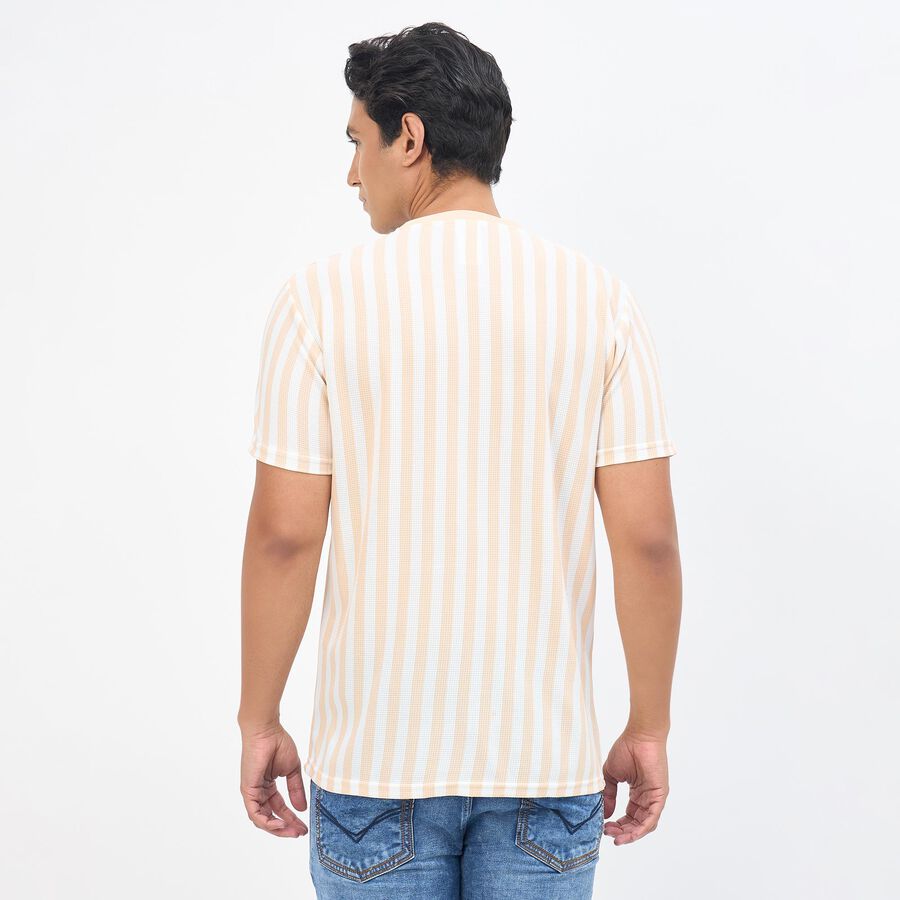 Men's Beige and White Crew Neck Striped T-Shirt, White, large
