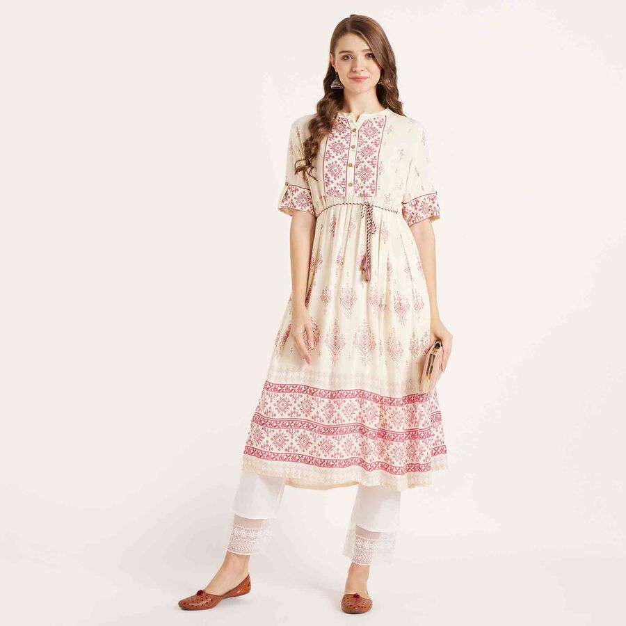 Printed 3/4th Sleeve Kurta, ऑफ व्हाइट, large image number null