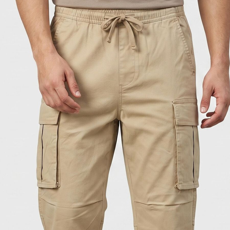 Men's Beige Slim Fit Cargo Trousers, Beige, large