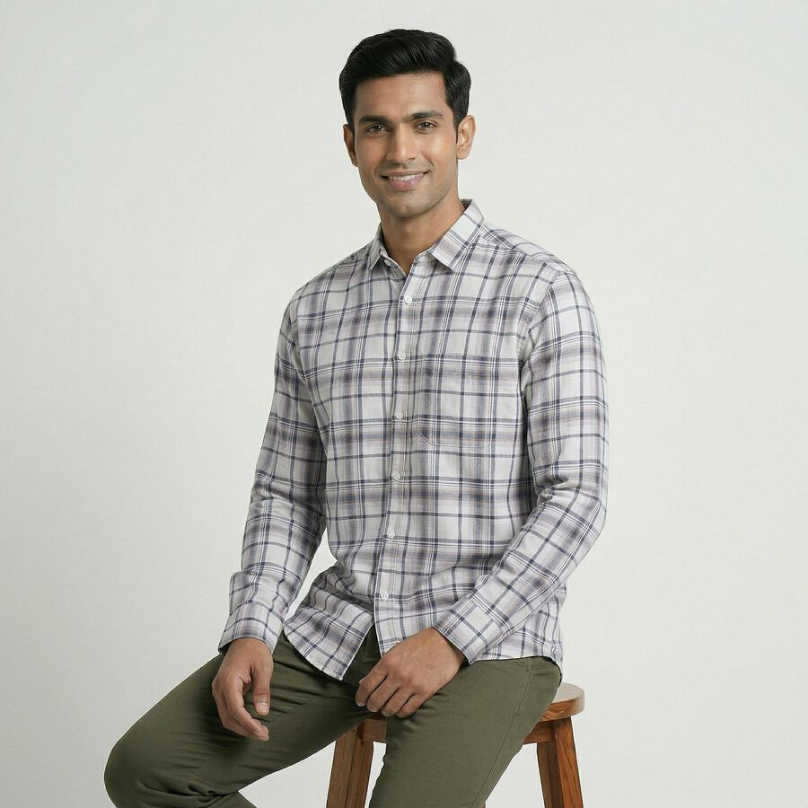 Men's Off-White Cotton Button-Down Casual Shirt, Off White, large