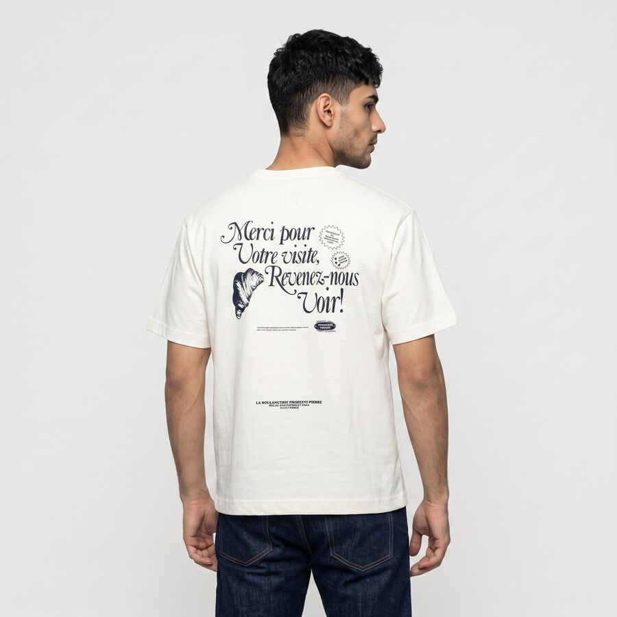 Men's Off White Cotton Round Neck Regular T-Shirt, ऑफ व्हाइट, large