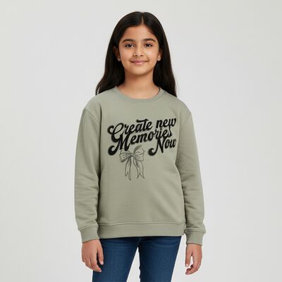 Girls Muted Sage Green Crew Neck Casual Sweatshirt
