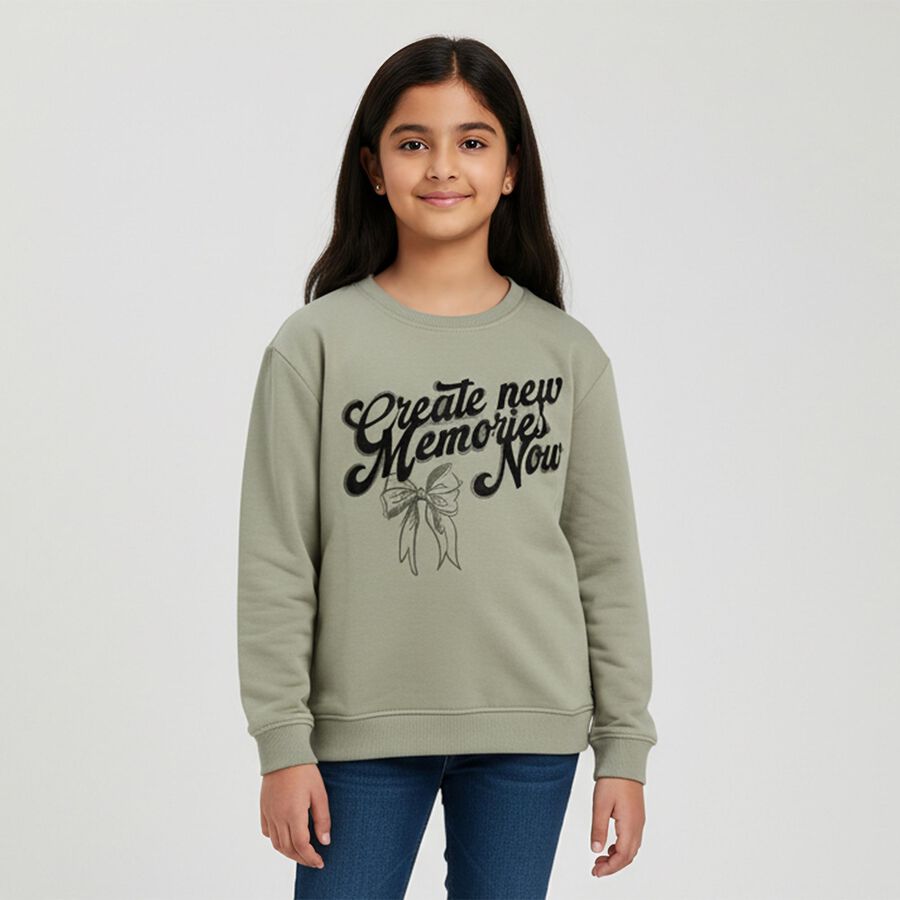 Girls Muted Sage Green Crew Neck Casual Sweatshirt, हल्का हरा, large image number null