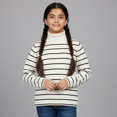 Girls Black and White Turtleneck Striped Pullover