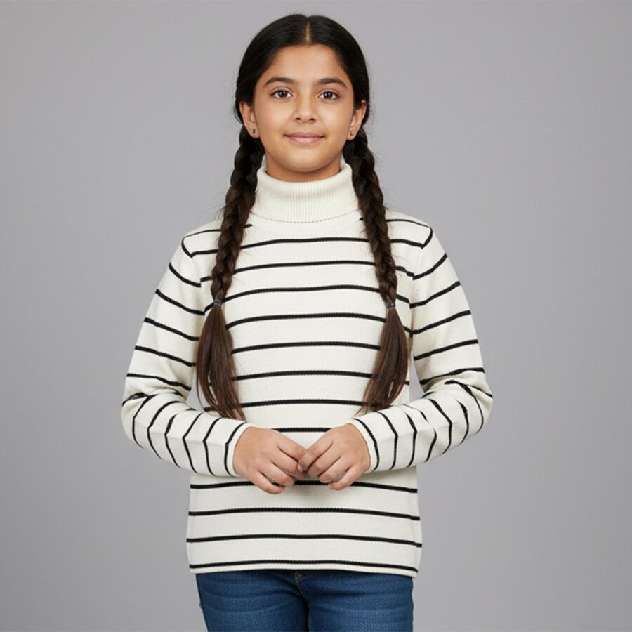 Girls Black and White Turtleneck Striped Pullover, Black, large image number null