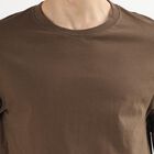 Men's Deep Brown Cotton Round Neck Solid T-Shirt, Khaki, small
