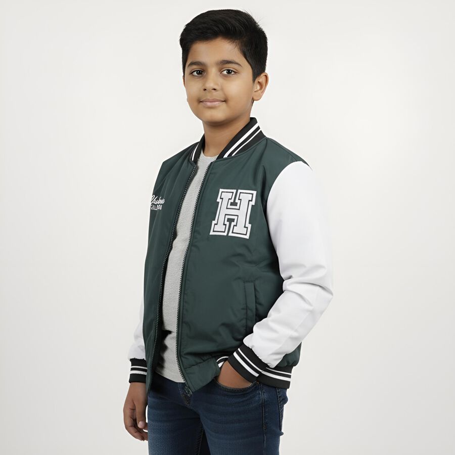 Boys Dark Green Varsity Jacket, Dark Green, large image number null