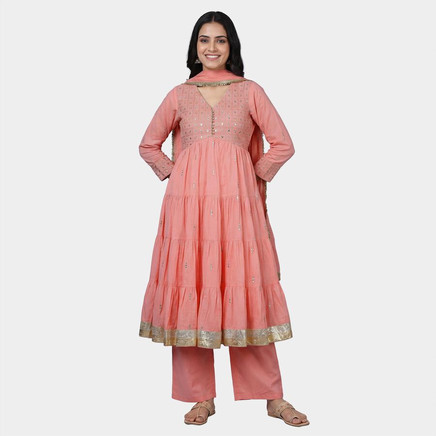 Women's Pink 100% Cotton Round Neck Printed Kurta, Pink, large