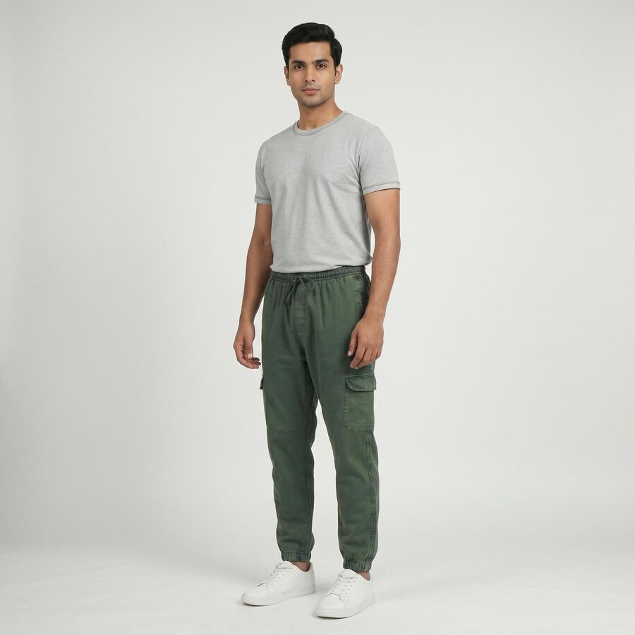 Men's Olive Green Regular Fit Cargo Jogger, गहरा हरा, large