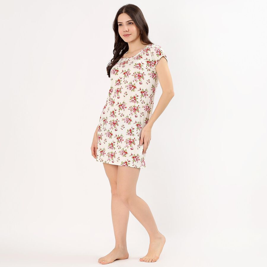 Women's Cream Round Neck Casual Nighty, Off White, large