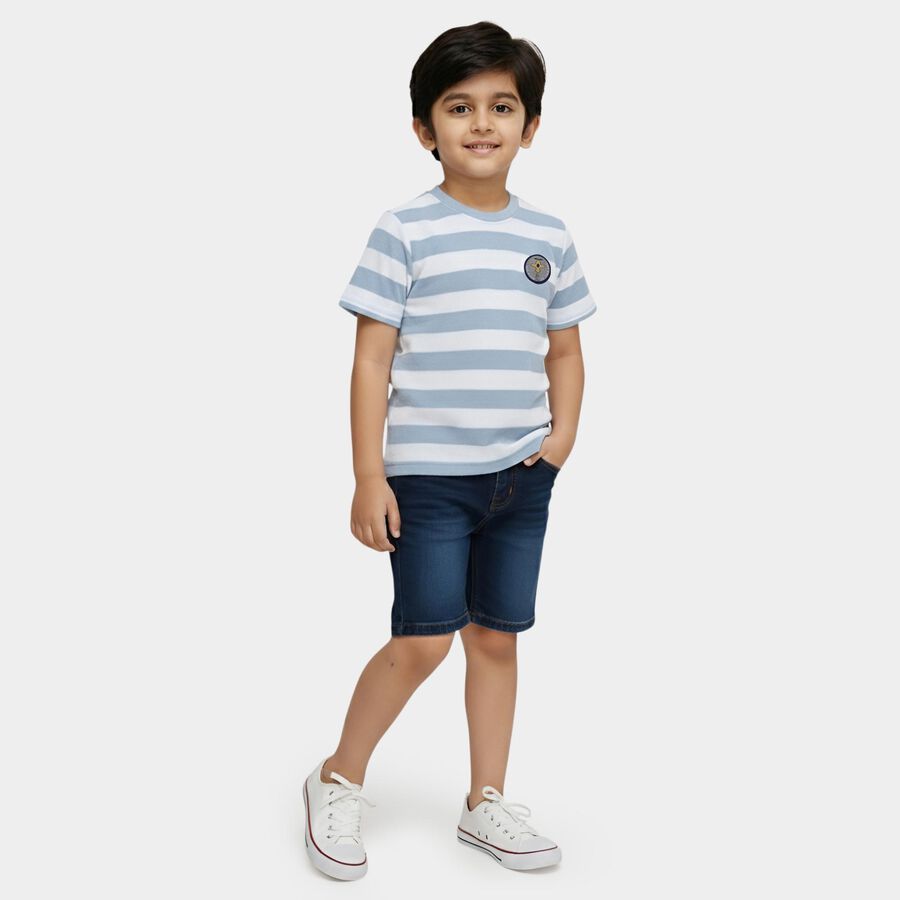 Boys' Light Blue Cotton Blend Round Neck Striped T-Shirt, हल्का नीला, large