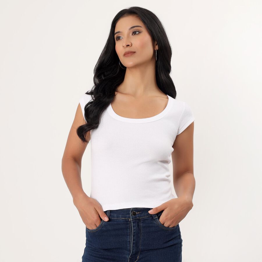 Women's White Round Neck Graphic T-Shirt, White, large