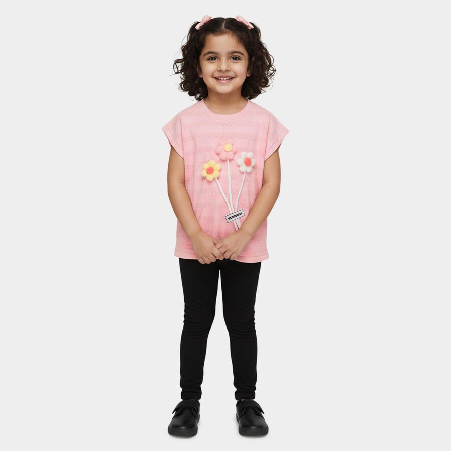 Girls' Pink Round Neck 3D Flower Applique Casual T-Shirt, Light Pink, large
