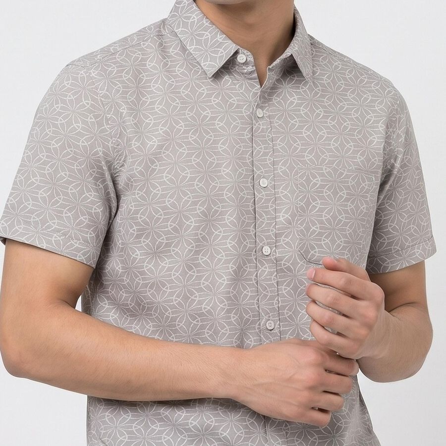 Men's Grey Cotton Geometric Regular Fit Casual Shirt, हल्का ग्रे, large