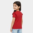 Girls' Red Cotton Round Neck Ruffle Sleeve Graphic T-Shirt, लाल, small