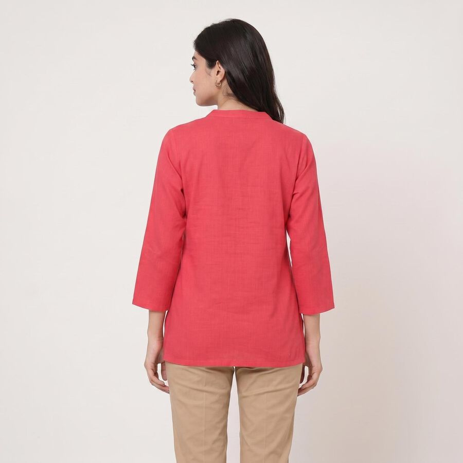 Women's Coral Cotton Notch Neck Embroidered Kurti, मूँगा (कोरल), large