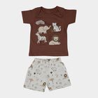 Infants' Brown Cotton Round Neck Animal Print Baba Suit, Brown, small
