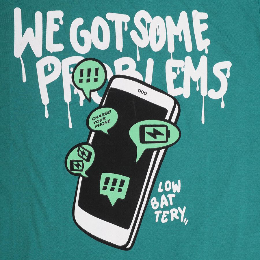 Boys' Bright Emerald Green Round Neck Graphic Print T-Shirt, Dark Green, large image number null