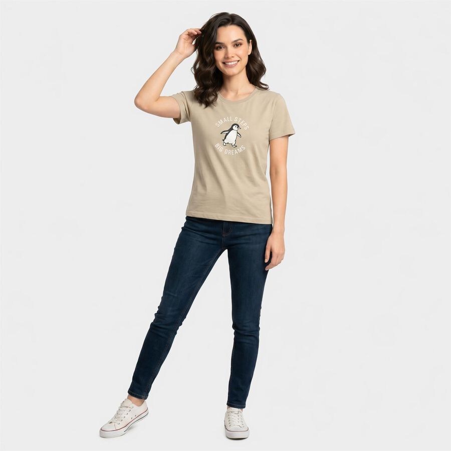 Women's Beige Round Neck Regular T-Shirt, गहरा पीला, large