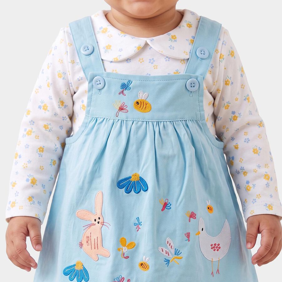 Infants' Light Blue Fit and Flare Embroidered Pinafore Frock, हल्का नीला, large
