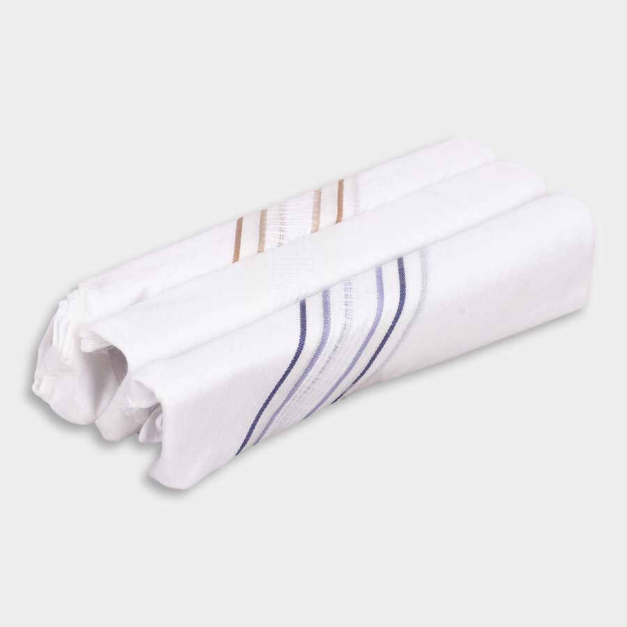 Men's White Cotton Striped Handkerchief Pack of 3, White, large
