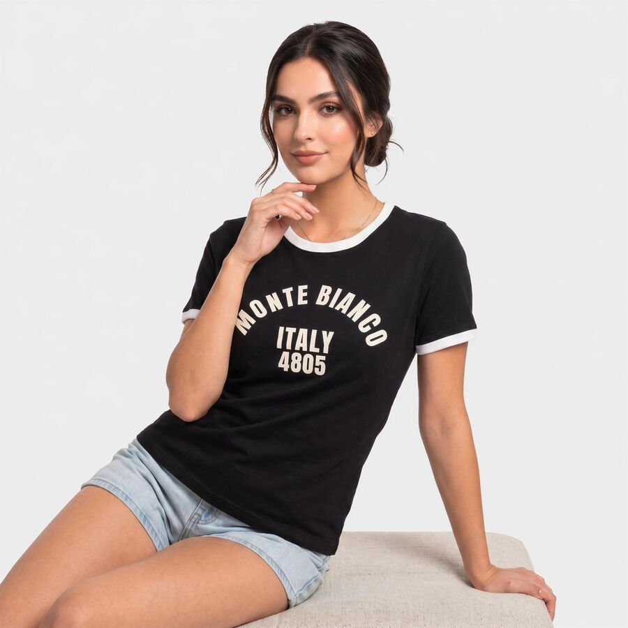 Women Black Round Neck Regular T-Shirt, Black, large