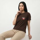 Women's Brown Round Neck Graphic Print Regular T-Shirt, Brown, small