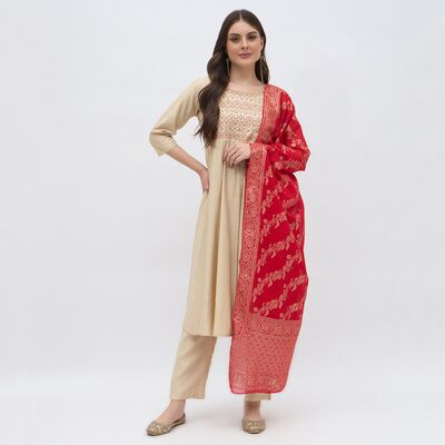 Women's Beige Embroidered Ethnic Set