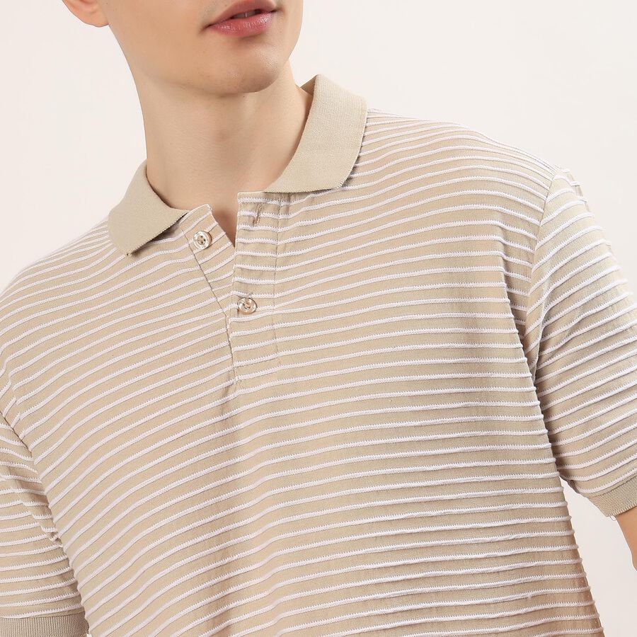 Men's Beige Polo Neck Preppy T-Shirt, Beige, large