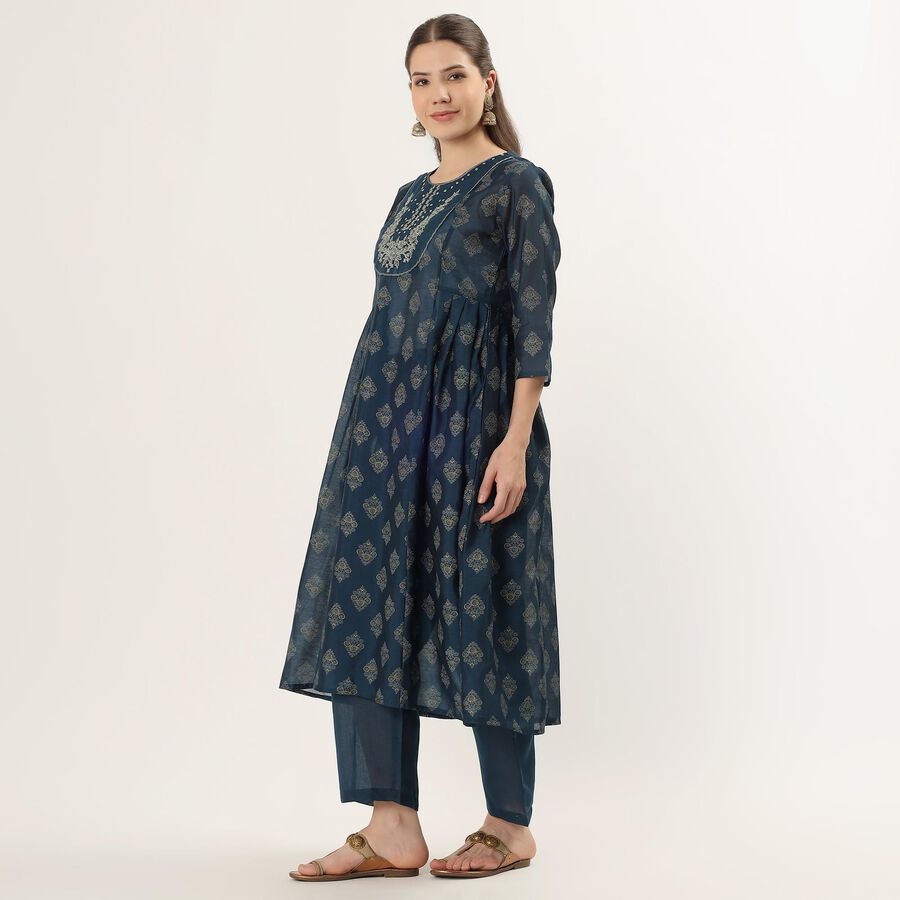 Women's Blue Floral Printed Ethnic Set, टील ब्लू, large