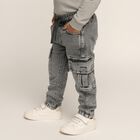 Boys Washed Grey Cargo Fit Elastic Waist Jeans, हल्का ग्रे, small image number null