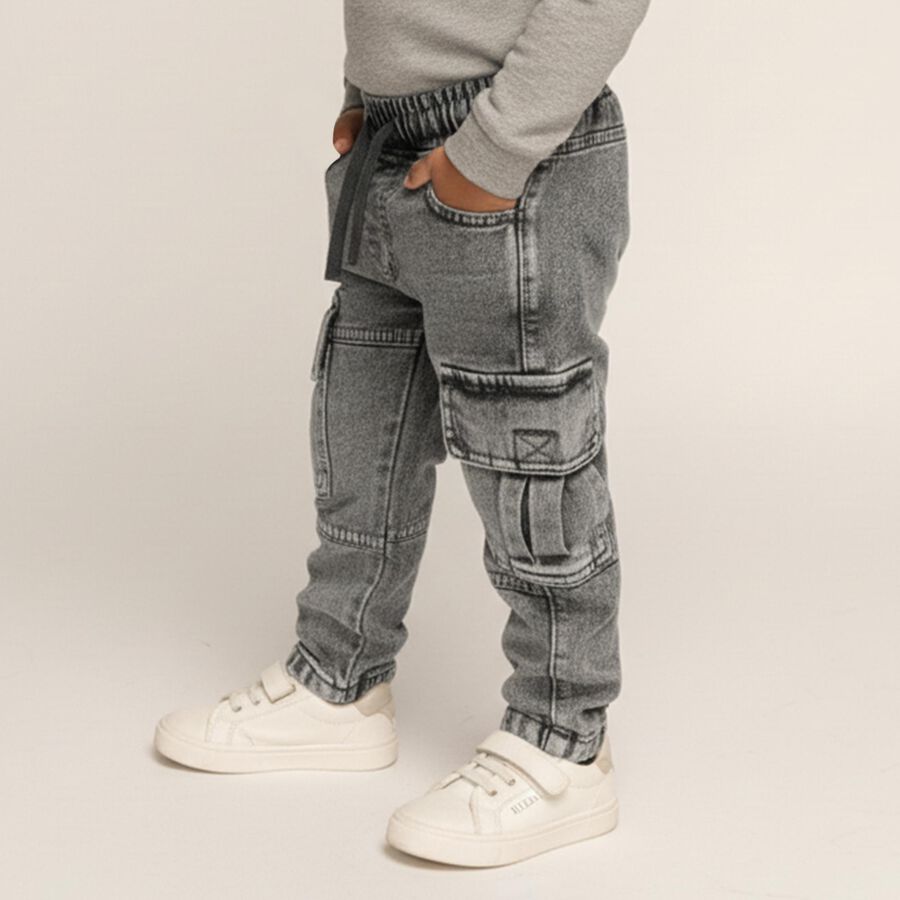 Boys Washed Grey Cargo Fit Elastic Waist Jeans, हल्का ग्रे, large image number null