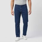 Men's Navy Blue Straight Fit Classic Five Pocket Jeans, Mid Blue, small