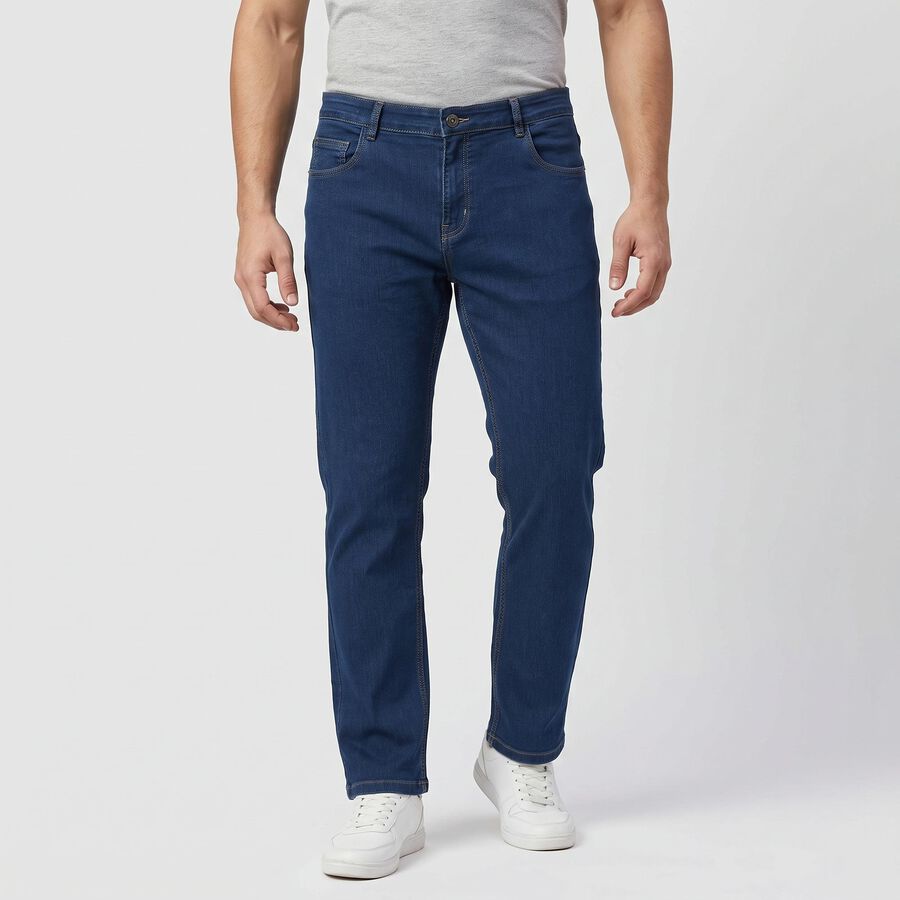 Men's Navy Blue Straight Fit Classic Five Pocket Jeans, Mid Blue, large