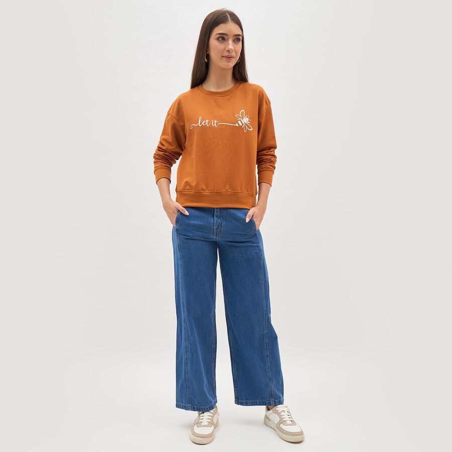 Women's Rust Orange Crew Neck Casual Sweatshirt, मस्टर्ड, large image number null