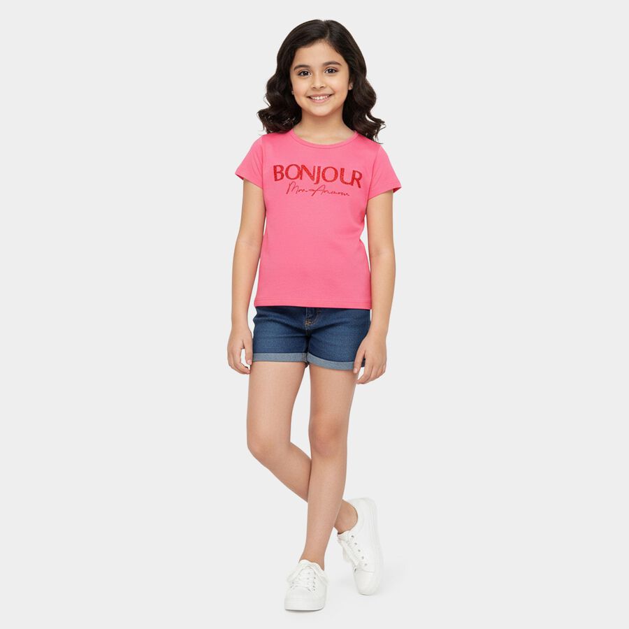 Girls Pink Cotton Round Neck Casual T-Shirt, Pink, large