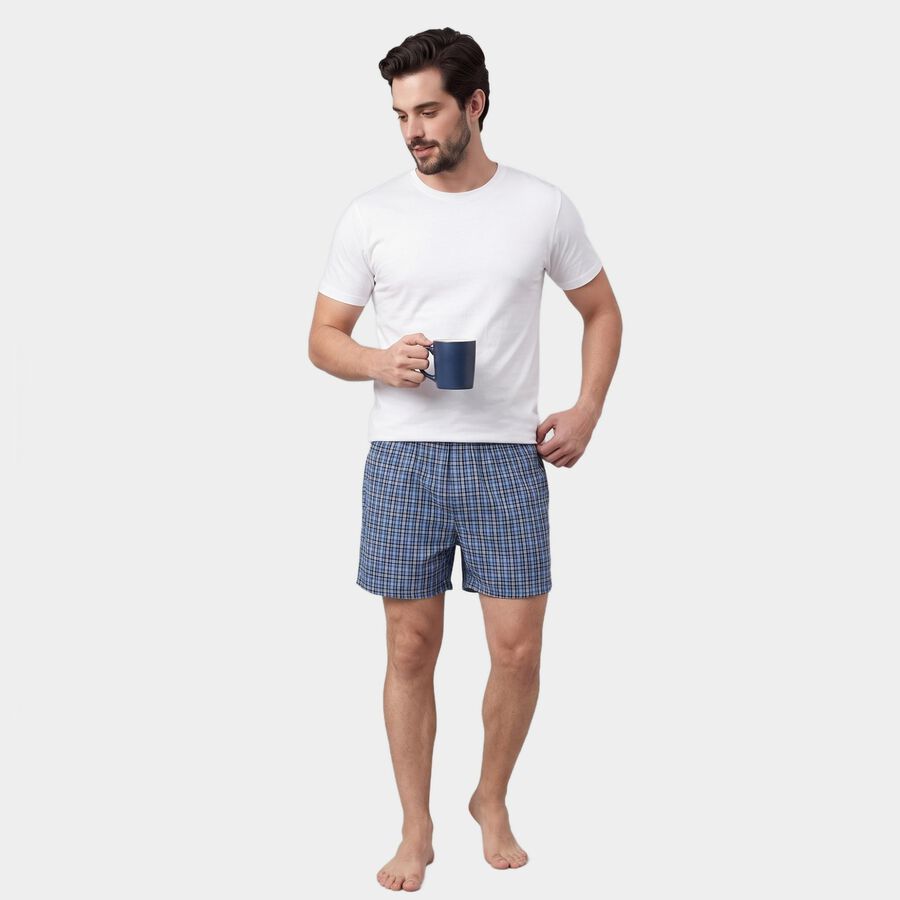 Men's Mid Blue Relaxed Fit Checked Boxers, मध्यम नीला, large