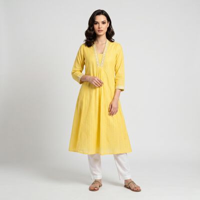Women's Yellow V-Neck A-Line Kurta