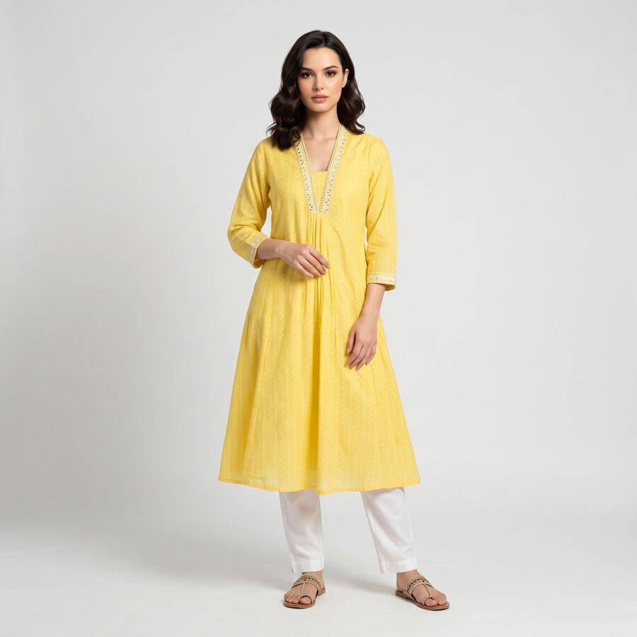 Women's Yellow V-Neck A-Line Kurta, Yellow, large