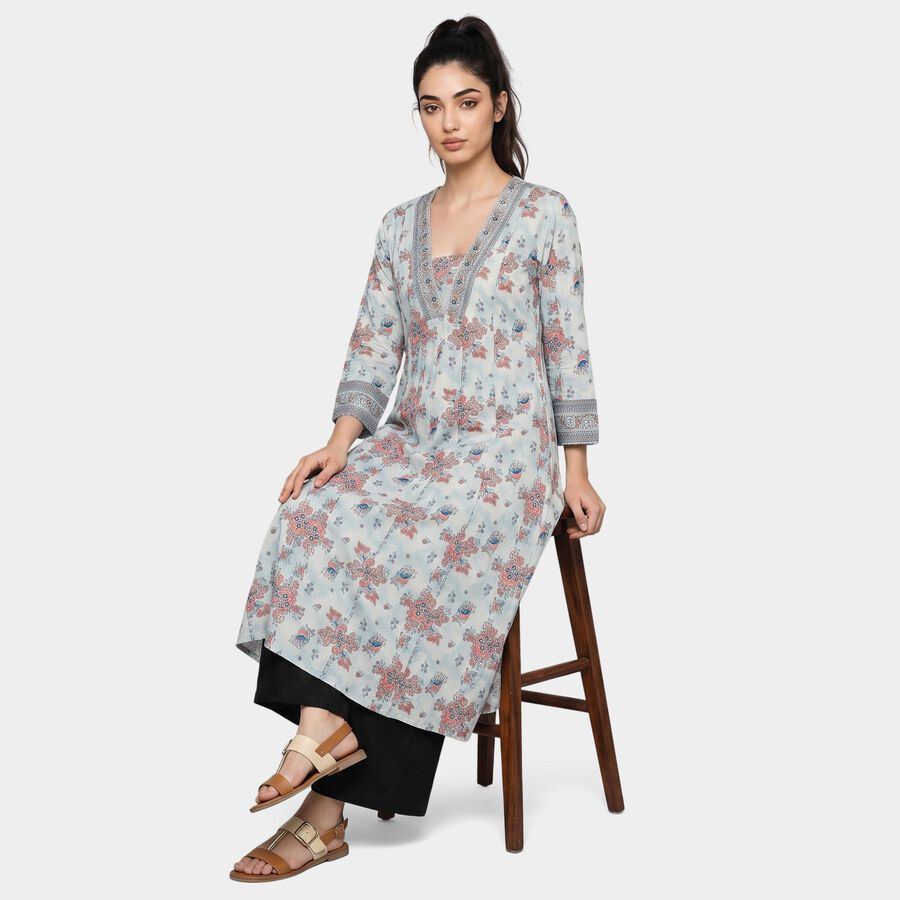 Women's Light Blue V-Neck Floral Printed Kurta, Light Blue, large